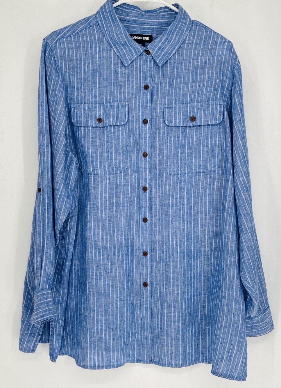 Lands’ End 1X 16W-18W 100% Linen Shirt Blue White Stripe Roll Tab Coastal